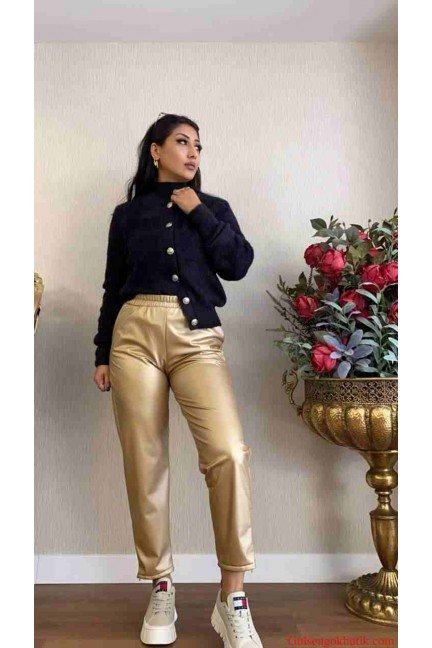 Leather Fermuar Detaylı Pantolon Gold